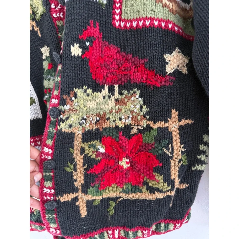 Heirloom Collectibles Vintage Christmas Cardigan Black Cardinal‎ Birdhouse Med M